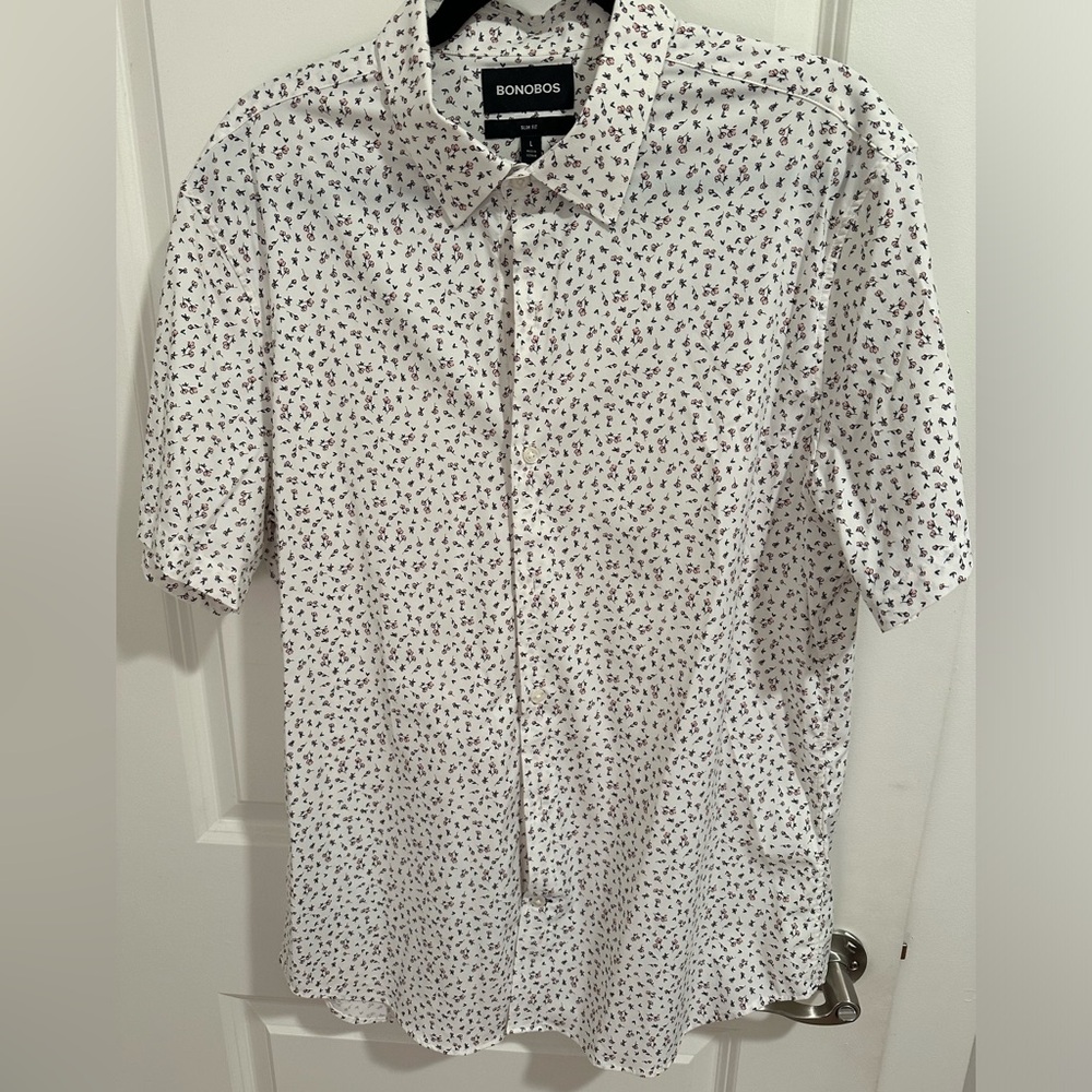 Bonobos Tech Short Sleeve Shirt, Large, Slim Fit, “Sketch Floral”